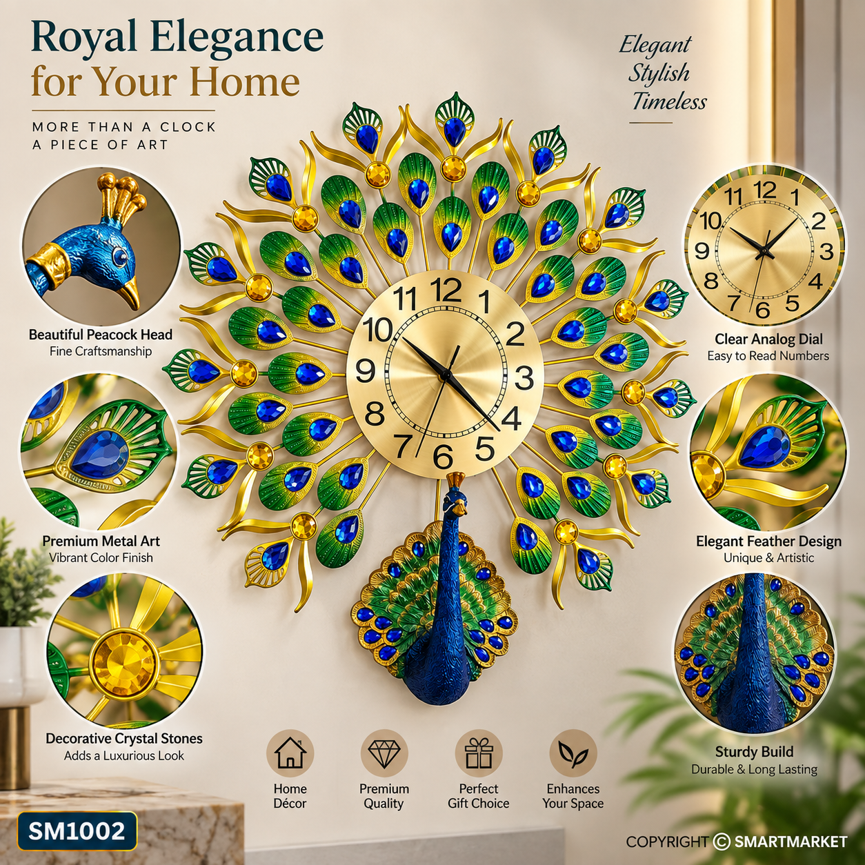 Funky Decors 3D Peacock Feather Open Wall Clock