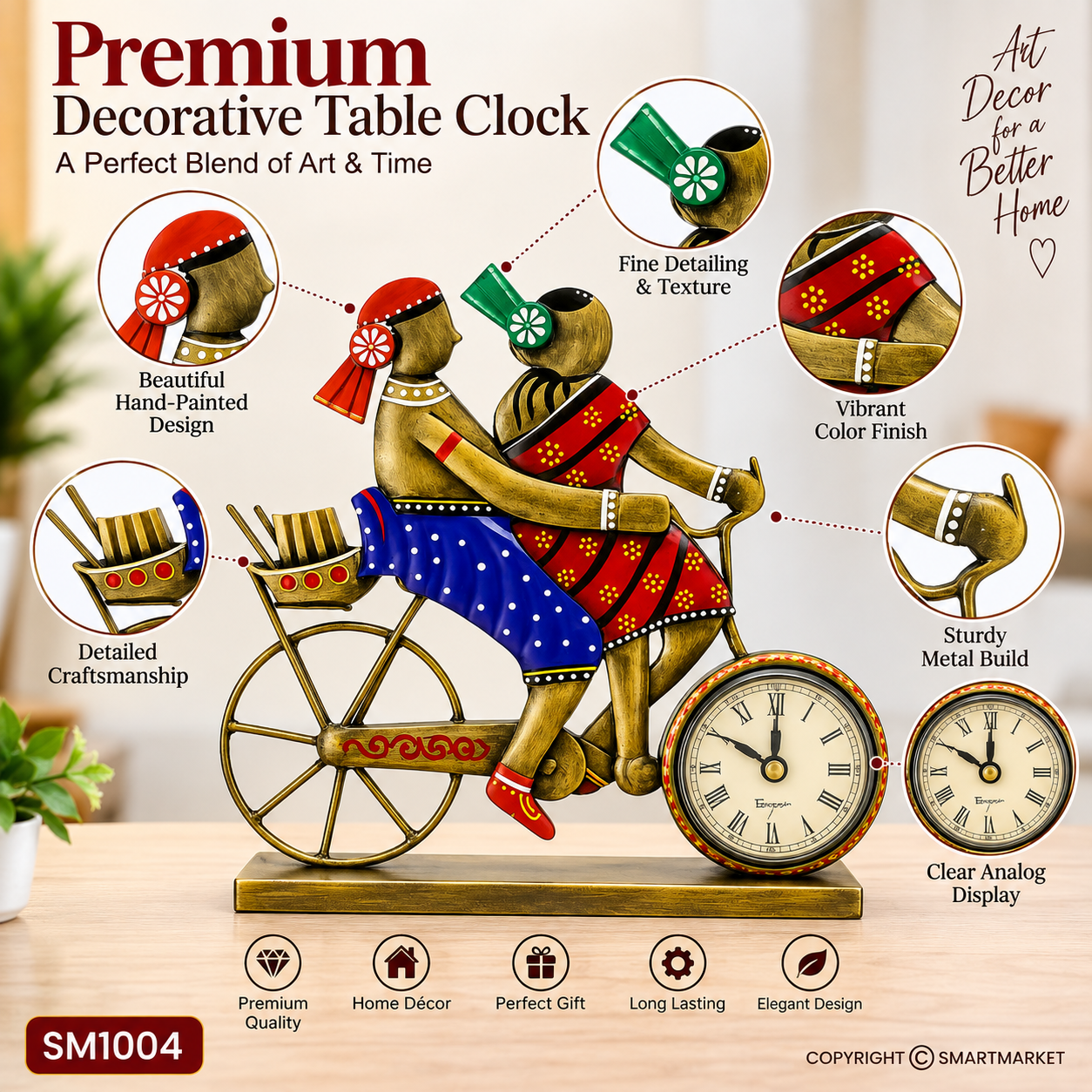 Handcrafted Couple on Bicycle Figurine with Table Clock - Image 3