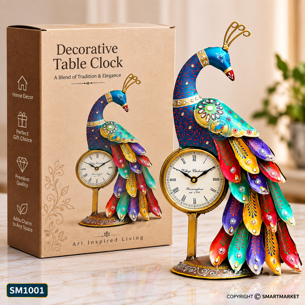 Multicolor 3D Feather Handpainted Peacock Clock - Image 2