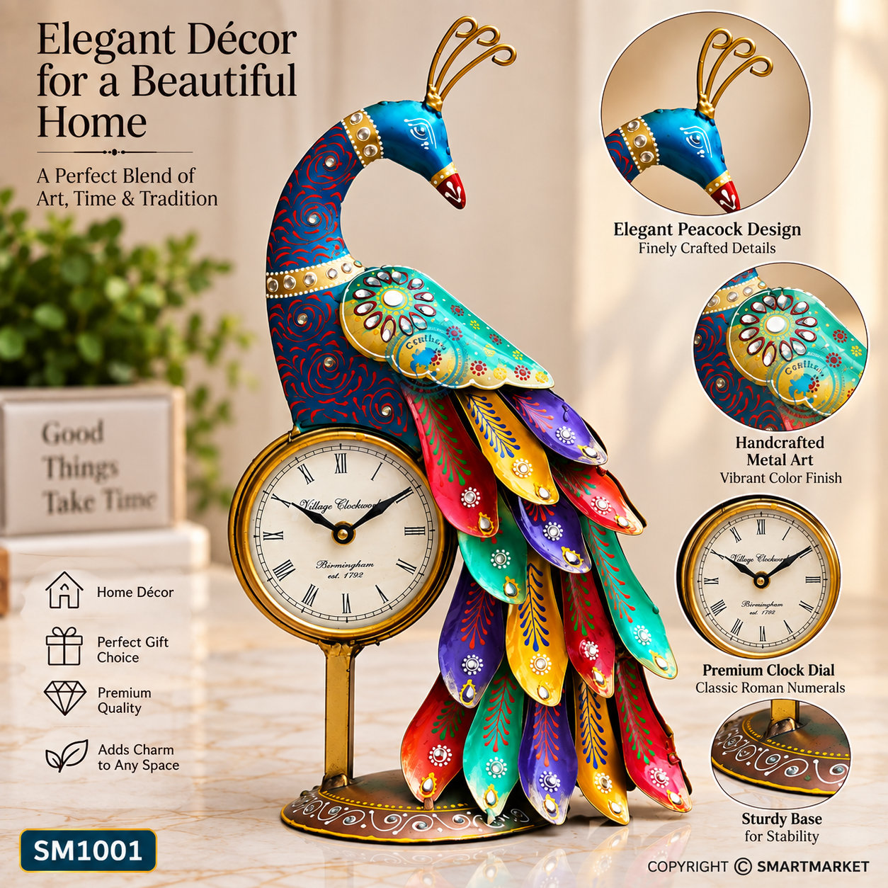 Multicolor 3D Feather Handpainted Peacock Clock