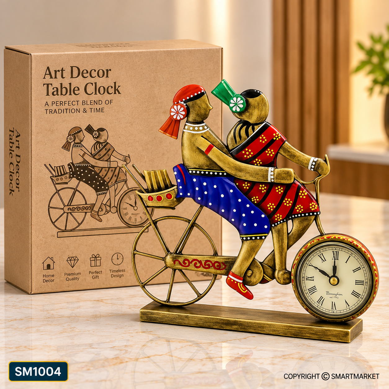 Handcrafted Couple on Bicycle Figurine with Table Clock - Image 2