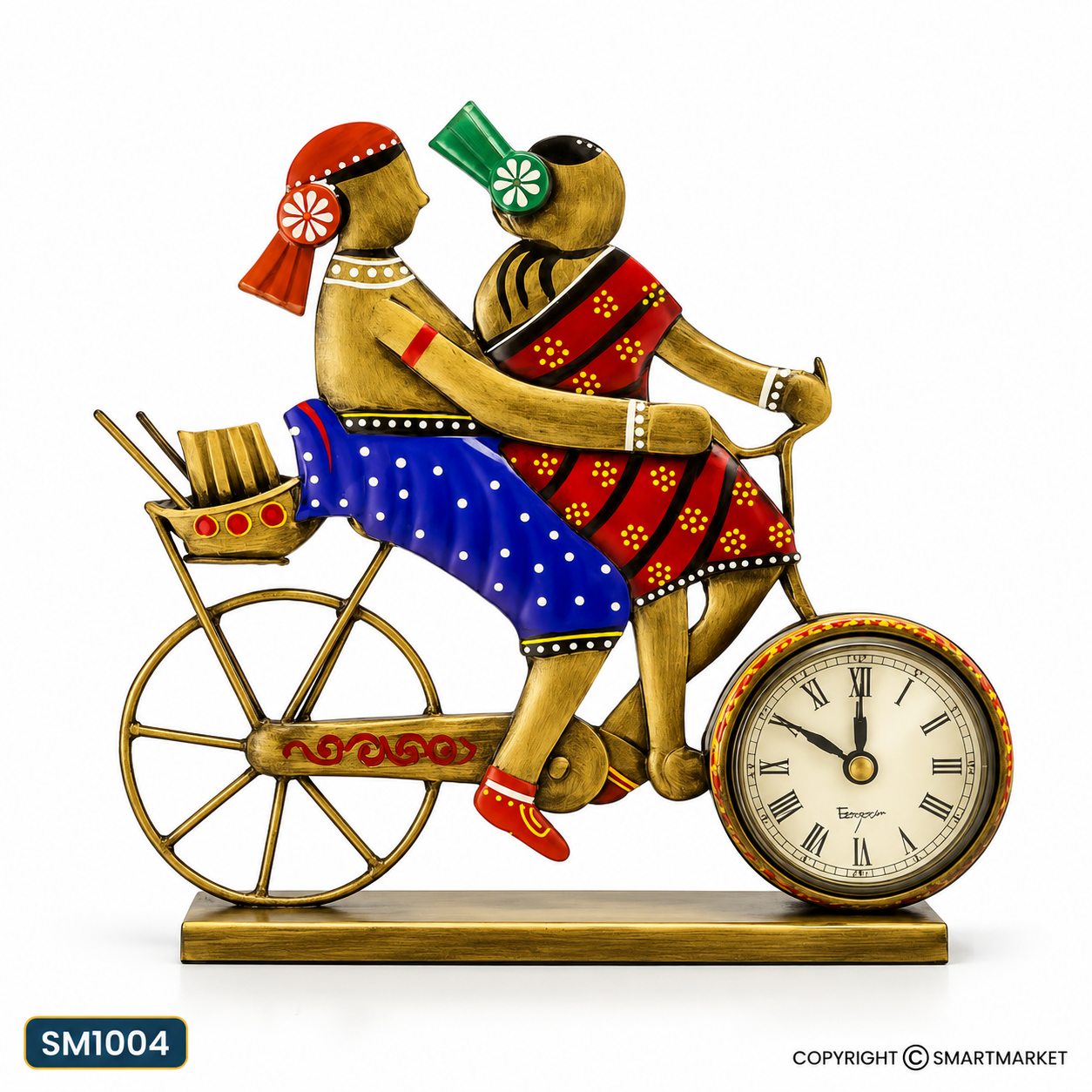 Handcrafted Couple on Bicycle Figurine with Table Clock