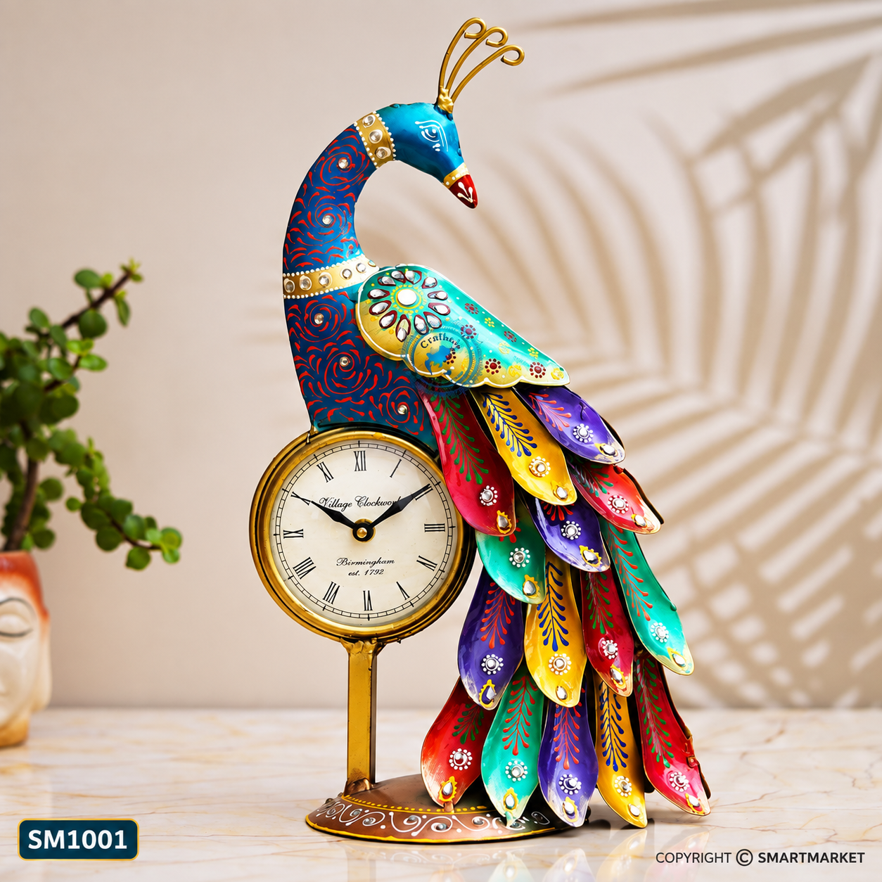Multicolor 3D Feather Handpainted Peacock Clock - Image 3